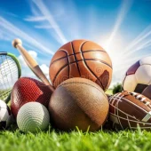 fun-sports-day-banner-various-equipment-green-fields-329810608